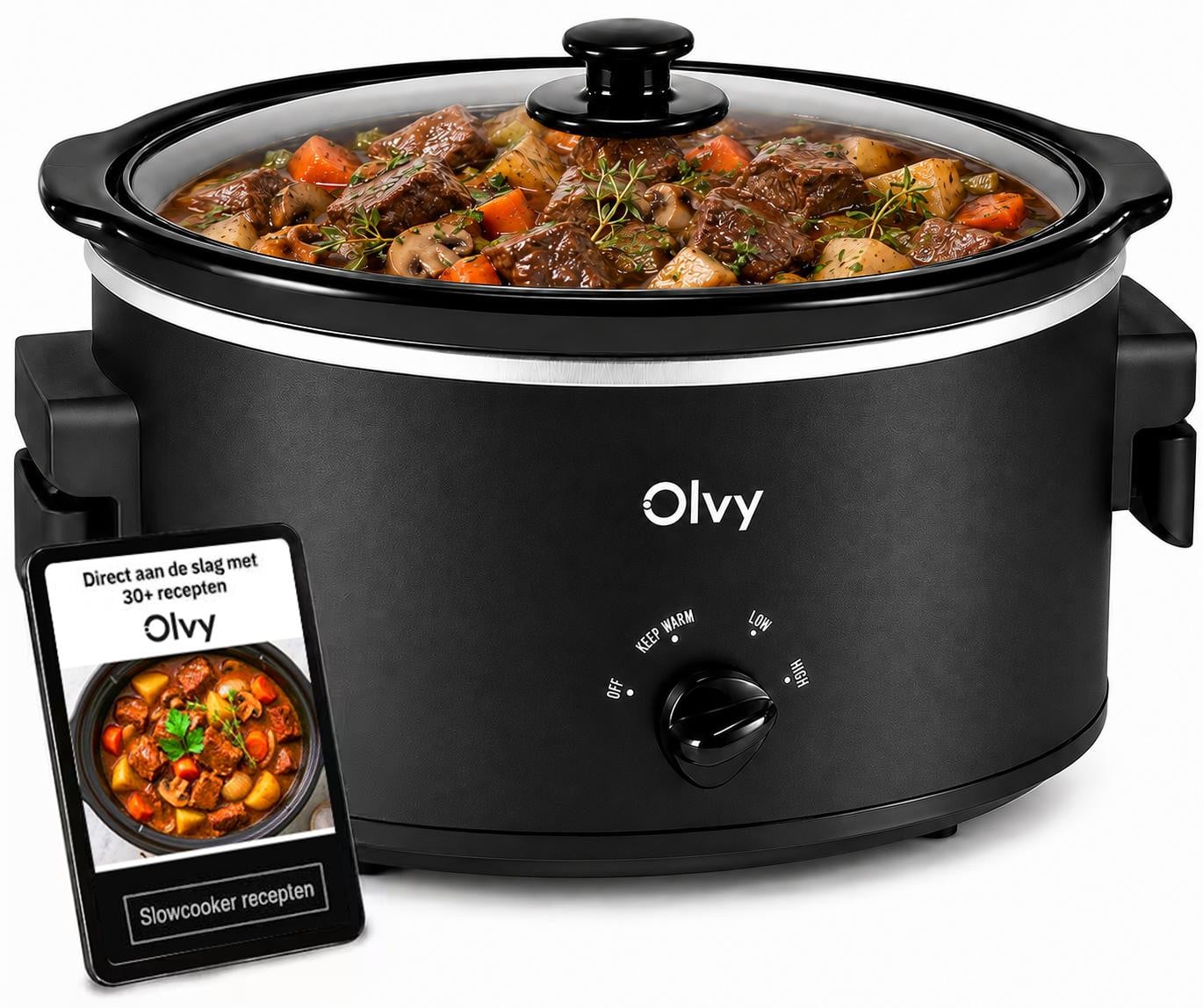 Olvy Slow Cooker 6L met keramische binnenpan en warmhoudfunctie inclusief kookboek