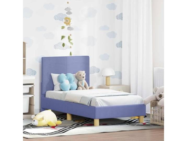 RJPLMFV Bettgestell für Kleinkinder, mit Kopfteil, Denimblau Robustes Holzwerkstoff, integrierte Aufbewahrungstaschen, niedriges Profil, Lamellen inklusive, einfache Reinigung