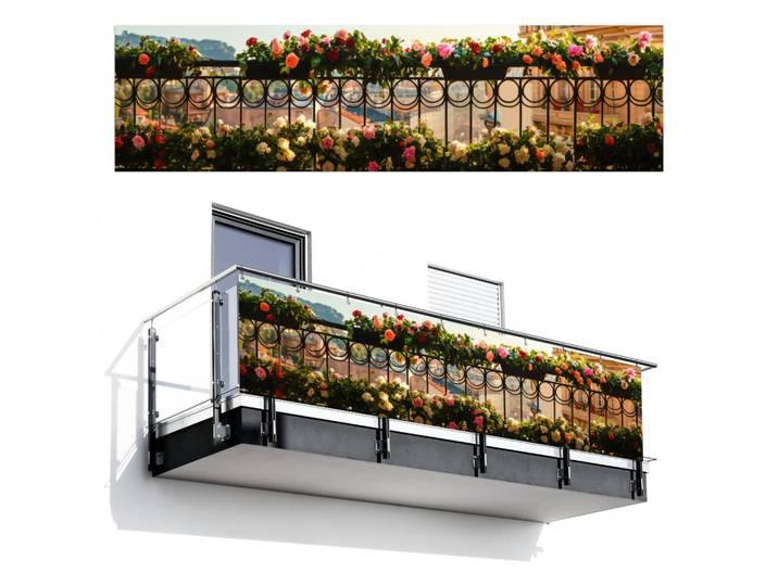 MuchoWow Balkon-Sichtschutz Blumen - Zaun - Stadtbild - Sommer, Pink, Kunststoff, Rechteckig, 300x85 cm, Sonnenschutz, Sichtschutz