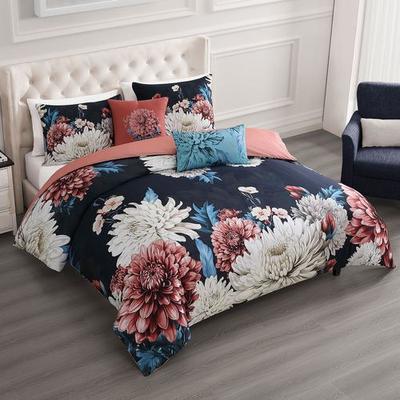 Zako Llc Navy Mums Comforter Bed Set, King, Navy