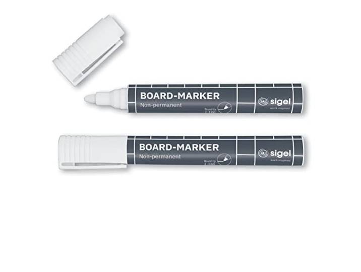 SIGEL BA715 Glasbordmarkeerders, krijtstiften, schrijft direct zonder te pompen, ronde penpunt, 2-3 mm, wit, 2 stuks