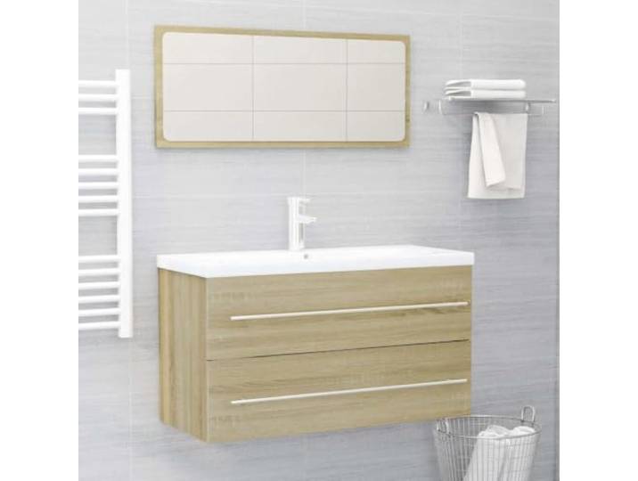 2-tlg. Badmöbel-Set Sonoma-Eiche Holzwerkstoff mit Spiegel und Schrank Stabiler Holzwerkstoff, 1 Schublade, waschbeckenkompatibel, pflegeleichte Oberfläche, klare Linien