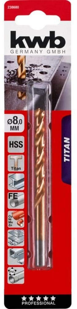 KWB 238680 HSS-metaalboor 8 mm met cilindrische schacht M2 DIN 338