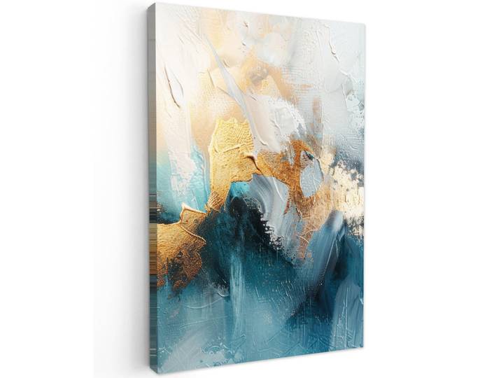MuchoWow Leinwandbild - Abstrakt - Kunst - Gold - Blau - 60x90 - Kunstdruck, Petrol, Textil, Kiefer, Rechteckig, 60x90 cm, gerahmt, Bilder & Rahmen, Bilder, Wandbilder