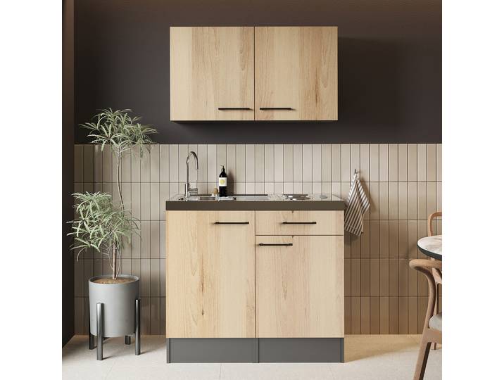 Pantryküche Oliver 100 mit Spüle+Hänger 100 x 200 x 60cm Beige/Eiche Artisan Dekor Kochplatte