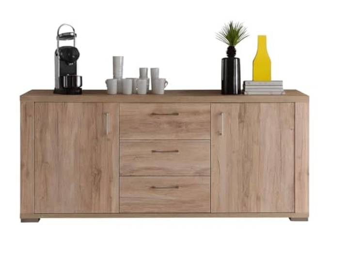 möbelando Sideboard Montreal – Modernes Design-Sideboard 192 cm, Eiche Sanremo hell, 2 Türen & 3 Schubladen, Made in Germany, Wohnzimmer & Esszimmer