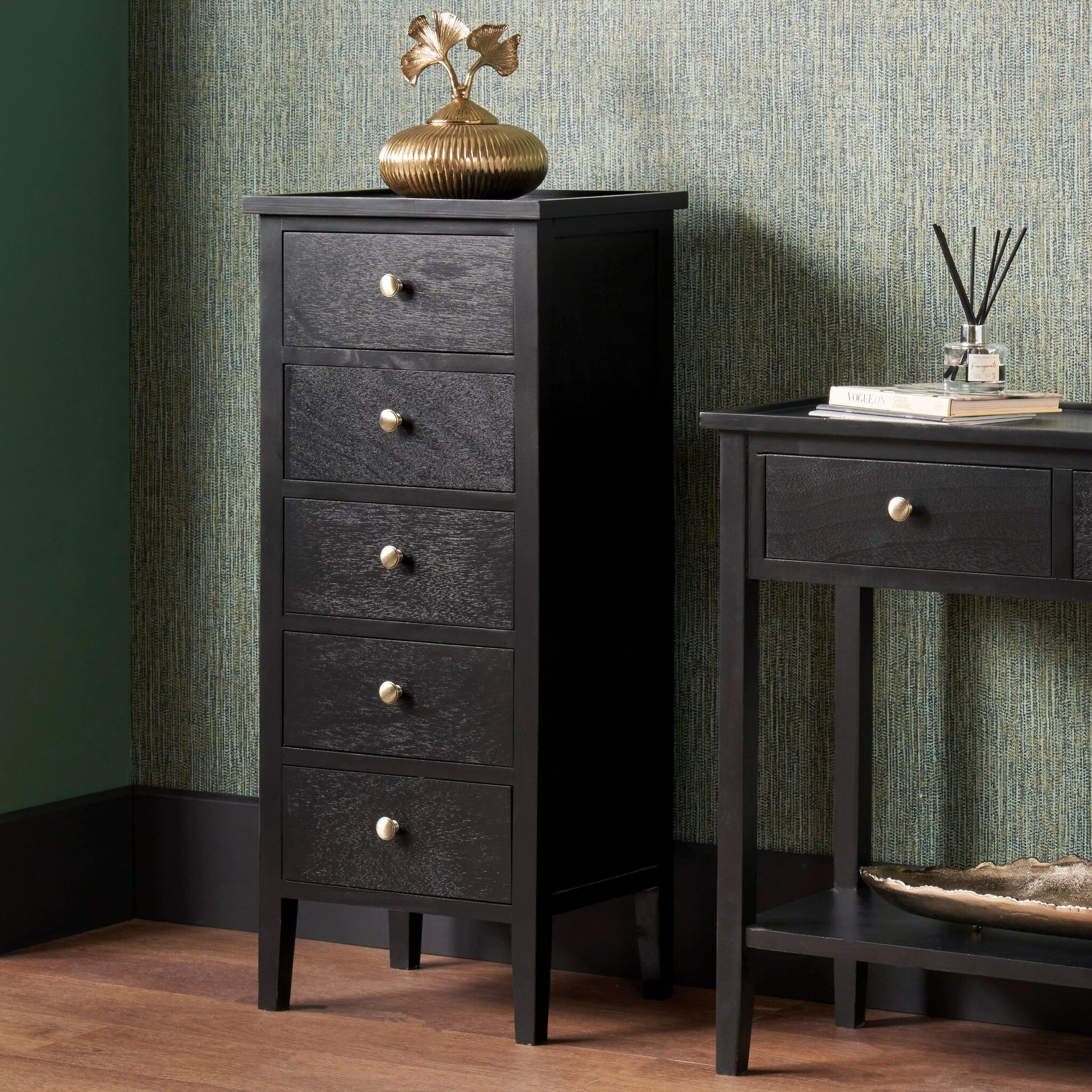 Pacific Lifestyle - Fairford Satin Black Pine Wood 5 Drawer Tall Boy
