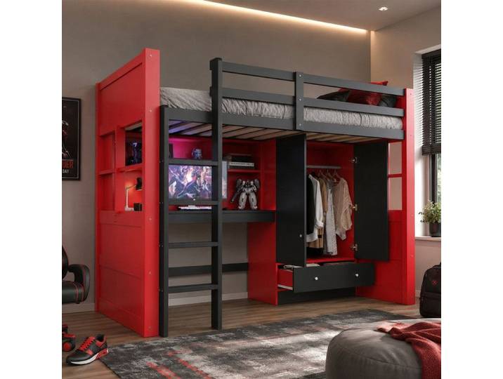 Lit Mezzanine 90x200 en Métal avec LED Lit Simple avec Bureau Armoire Rangement et Style Gamer