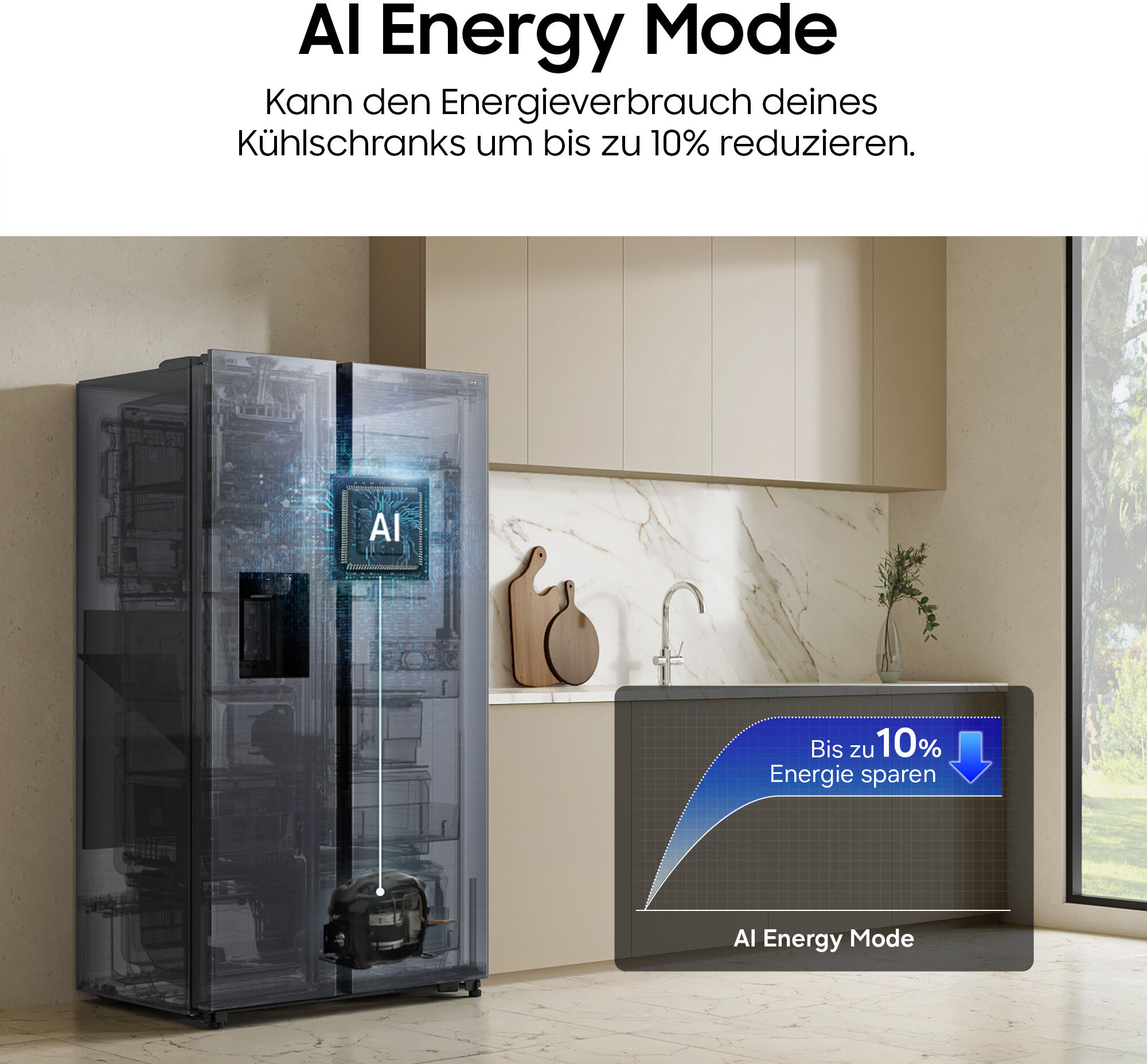 Samsung Side-by-Side "RS57DG410EM9", Energieeffizienz: E, silber (edelstahl look), B:91,2cm H:178cm T:65,4cm, Kühlschränke, mit Wasserspender, No Frost+, AI Energy Mode, SpaceMax, Side-by-Side