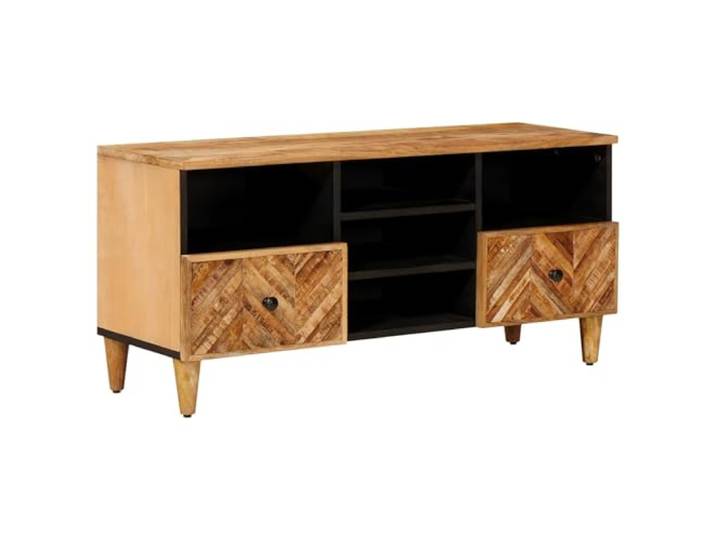GHVBNMF TV-Schrank Braun 100x33,5x46 cm Massivholz Mango Lowboard Praktisches Mediamöbel fürs Wohnzimmer mit Schublade, offenen Fächern und edlen Messingknöpfen für geordnete Medien.