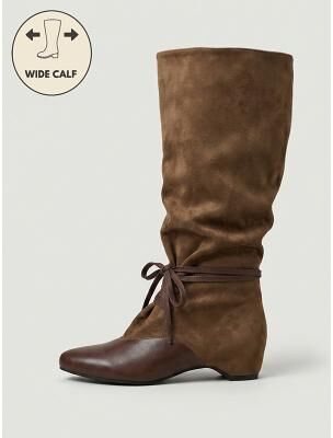LightInthebox Women's Brown Wide Calf Knee-High Boots, Hidden-Wedge Slouchy Tall Boots with Wraparound Lace Detail and Lifted Comfort Fit, Vintage Casual Style for Travel, Country Town Strolls Everyday Wear