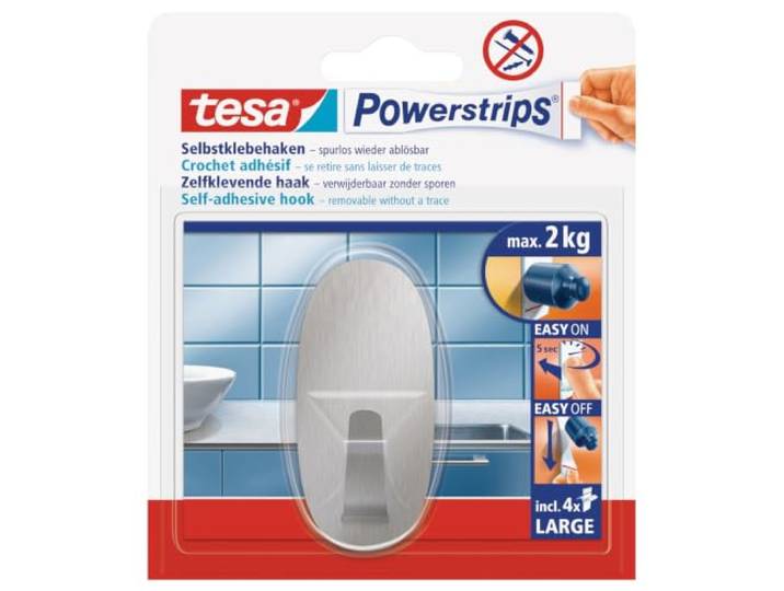 tesa Powerstrips Hook L metal oval, groot, Zilver