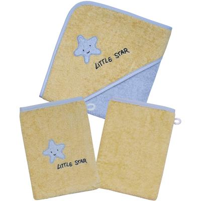 Handtuch Set WÖRNER "Little Star Kapuzenbadetuch mit 2 Waschhandschuhen", gelb (gelb, chrom), 3 Stk., Stern, Frottier, Frottier, Obermaterial: 100% Baumwolle, Handtücher, mit Stickerei Stern mit Schriftzug