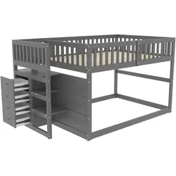 OKWISH Niedriges Etagenbett 140x200 Holz Hochbett mit Sicherheitsgeländer Treppe Aufbewahrung Stauraum Schubladen platzsparend Grau