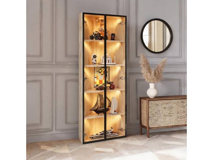 Vitrine d'angle en verre trempé avec finition chêne et éclairage LED intégré 62x35x160 cm