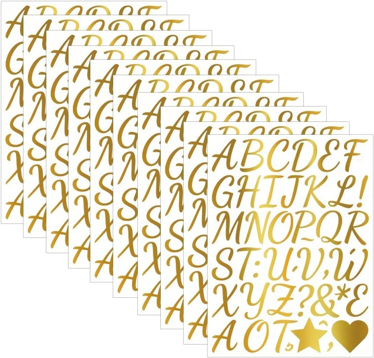 Set van 390 zelfklevende letterstickers in goud glitter voor decoratie en creatief knutselen