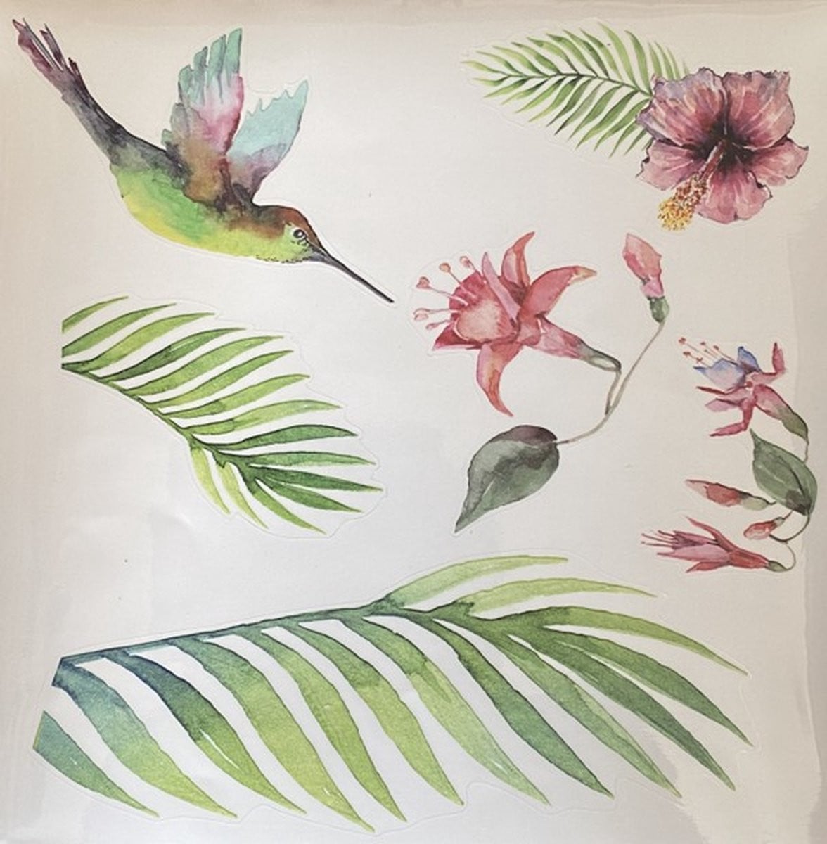 Crearreda Raamstickers Tropische Bladeren Bloemen en Kolibrie voor Glas