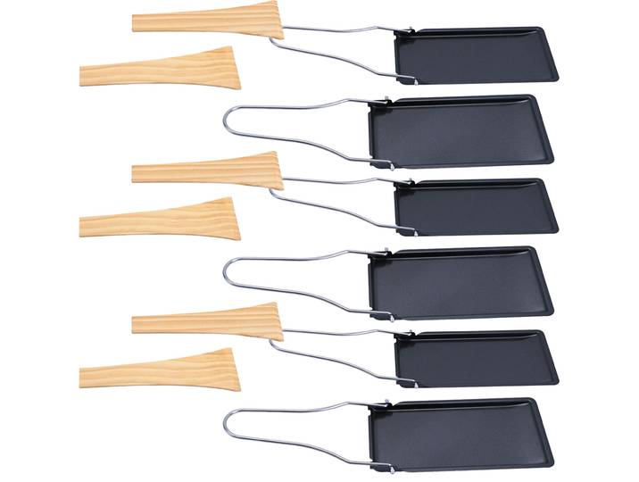 6er-Set Grillpfännchen mit klappbarem Griff und Holzspatel, Raclette
