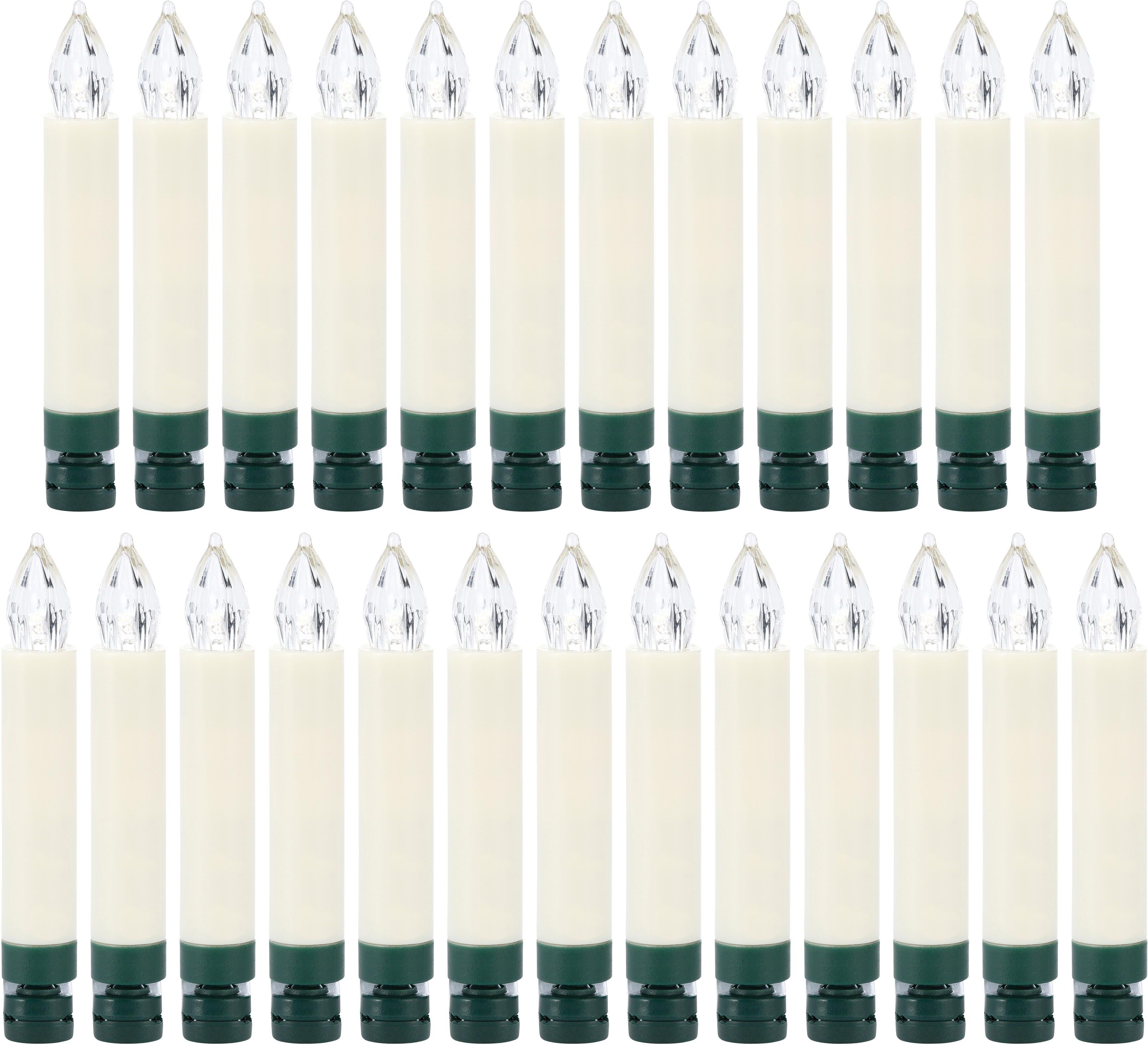 OTTO HOME LED-Christbaumkerzen "kabellos, Set 25, 40 oder 50 teilig, warmweiß, Fernbedienung, Timer", grün (grün, elfenbeinfarben), Flammen 25 Stk., Lichterketten, Kerzen + 8 Dornen, Flacker u. Timerfunktion, mehrere Helligkeitsstufen, LED-Christbaumkerze