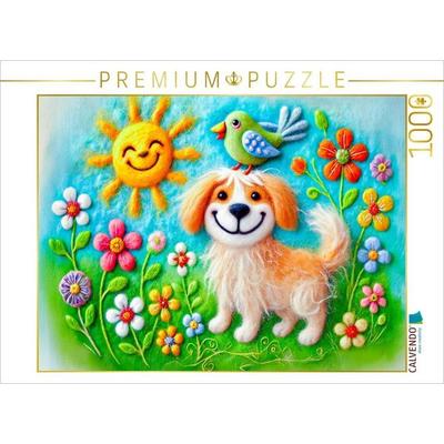 CALVENDO Puzzle Frühlingsfreude mit Hund und Vogel in Filztechnik | 1000 Teile Lege-Größe 64x48cm Foto-Puzzle für glückliche Stunden