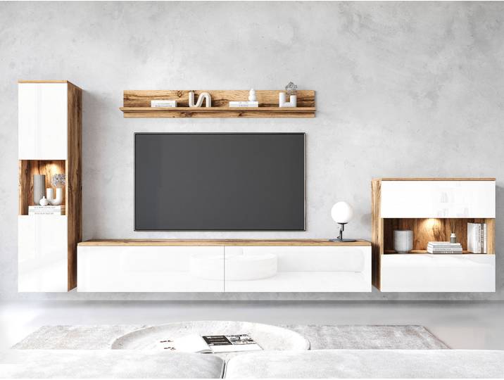 Wohnwand GOODPRODUCT PARIS, Vitrine Türanschlag links/rechts wechselbar , weiss (eichefarben wotan, weiß hochglanz), B:300cm H:130cm T:33cm, Hartfaserplatte, Kastenmöbel-Sets, Wohnwand, grifflose Design, stehend und hängend montierbar