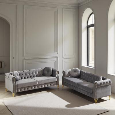 ZWYO HOSIMU Velvet Chesterfield Modular Sofa Set with Tufted Design, Copper Studs and Metal Legs
