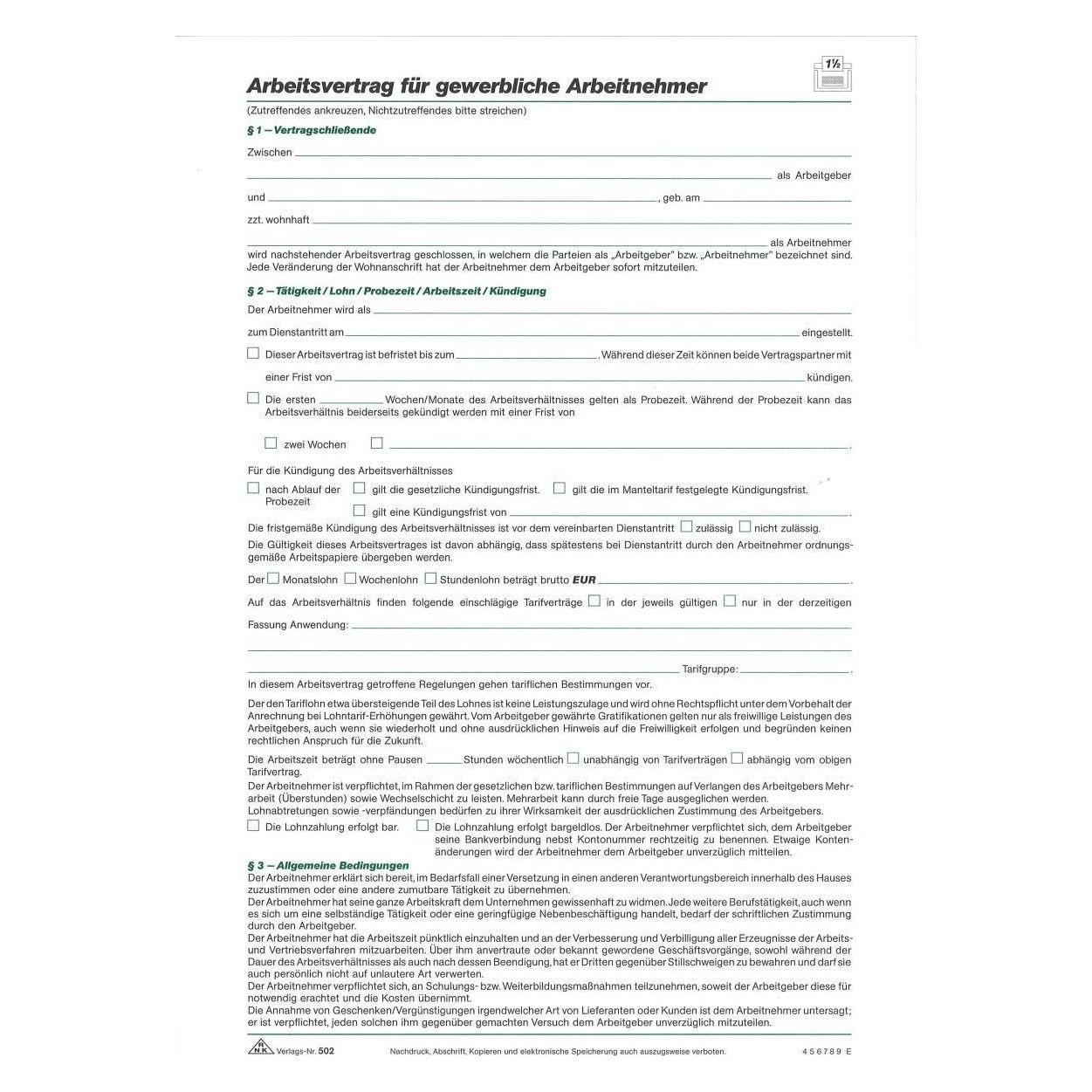 Rnk Verlag Vordruck Arbeitsvertrag gewerblich/kaufm"nnisch (502-10)