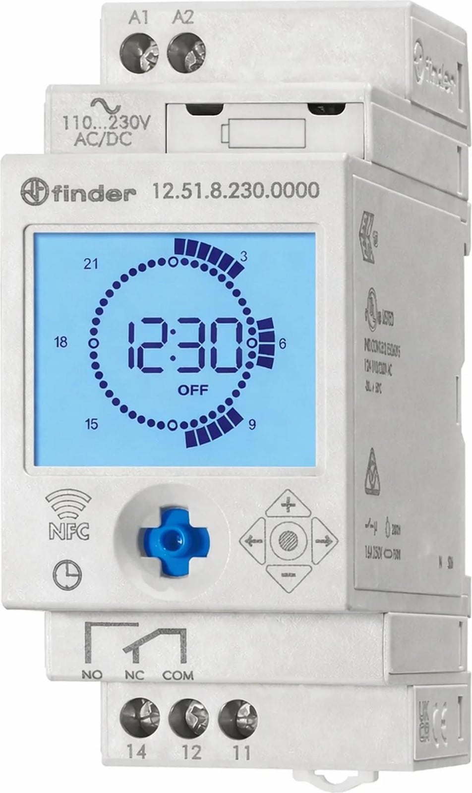 Finder Digitale tijdrelais 1-kanaals met LCD-display voor montage op DIN-rail 12.51.8.230.0000