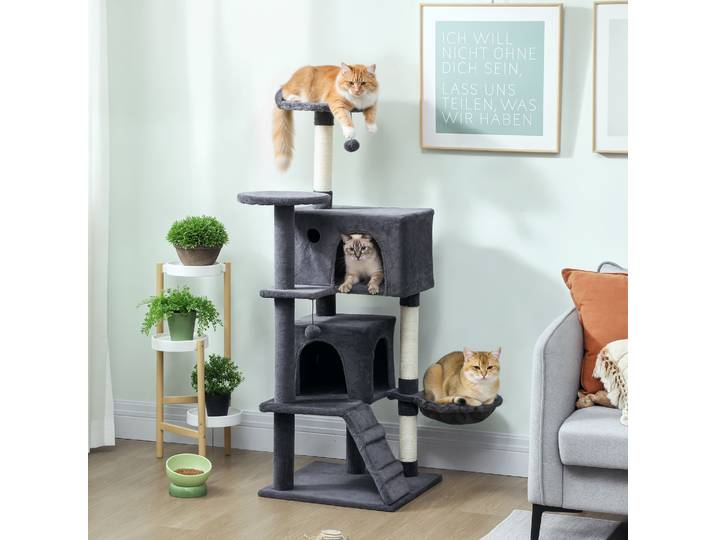 PawHut Arbre à Chats 140cm 2 Maisons Lit Hamac Peluche Gris