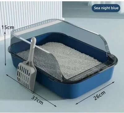 Uplift Essentials Semi Enclosed Cat Litter Box With Splash Guard And Cleaning Basin a Blue