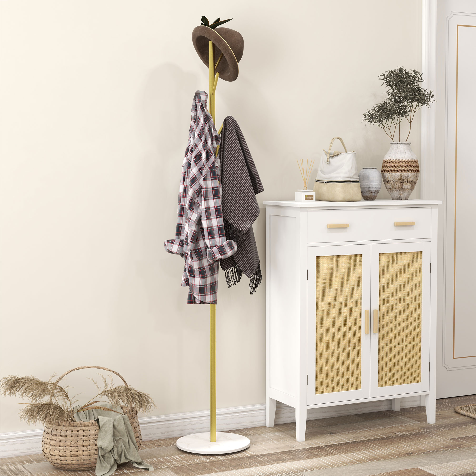 Homcom Appendiabiti da Terra Autoportante con 8 Ganci, Base in Marmo e Acciaio, Ø32x164cm, Oro