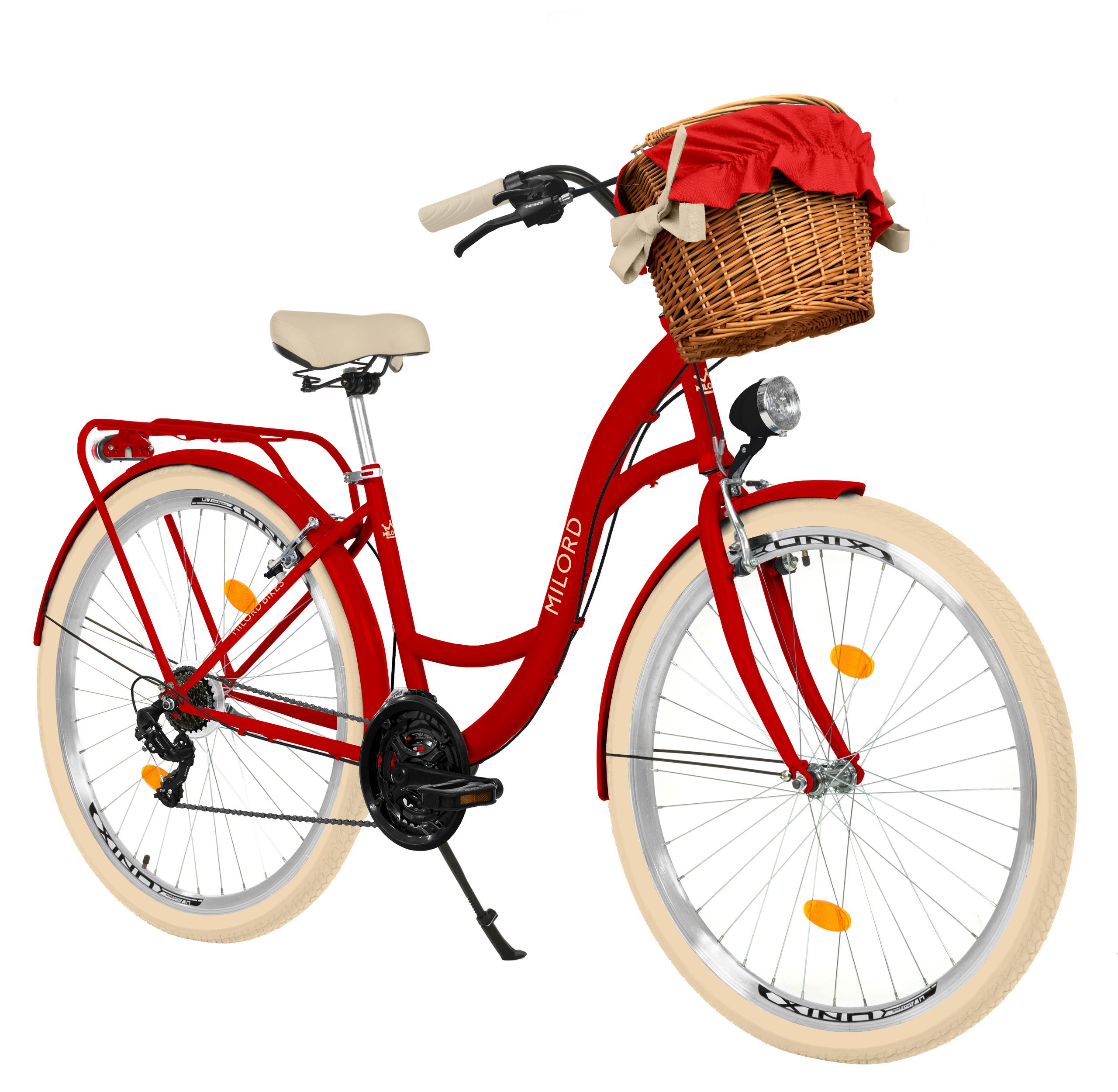 MILORD Damenfahrrad Citybike Komfort Mit Weidenkorb Hollandrad Fahrrad, 26 Zoll, 21-Gang, Rot