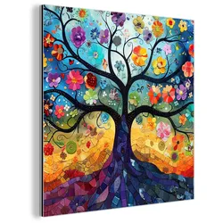 METALLBILD Kunst - Baum des Lebens - Blumen - Hippie 90x90 cm