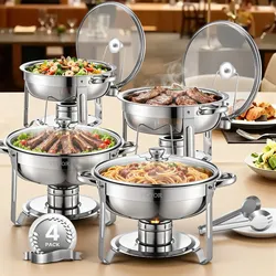 VEVOR Chafing Dish Buffet Speisenwärmer mit 4 Behältern in voller Größe (4,7 L pro), runder Catering-Wärmespender mit Glasdeckel & Wasserpfanne & klappbarer Ständer, für Hochzeiten Buffet Silber