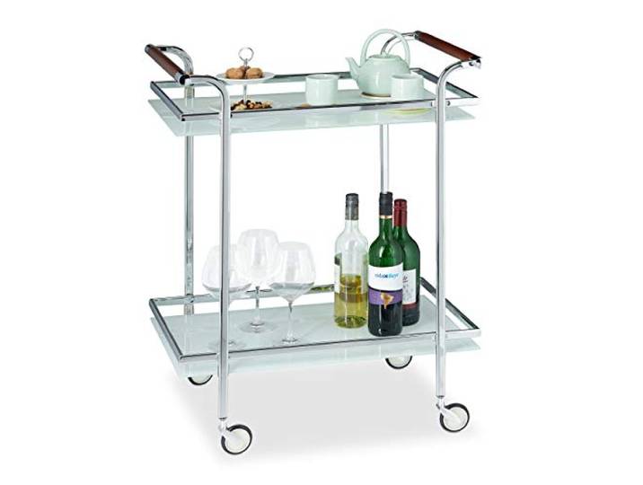 Relaxdays Servierwagen Milchglas, Servicewagen, Teewagen, mit 2 Ablagen, offen, Deluxe Rollen, HBT 85x66x43 cm, Silber