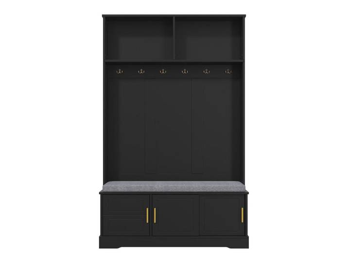 Urban Meuble Garderobenset in Schwarz Mit gepolsterter Schuhbank & 6 goldenen Haken, Rechteckig, 120x191x40 cm, Garderobe, Garderoben-Sets & Garderoben-Serien, Garderoben-Sets