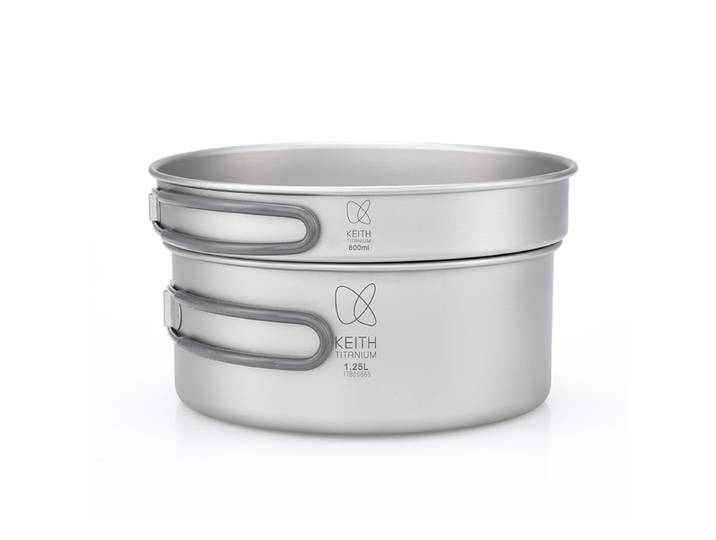 Ensemble de cuisine 2 pièces en titane pur KEITH (800 ml + 1250 ml), pot et poêle ultralégers avec sac en filet pour le camping, la randonnée et le trekking