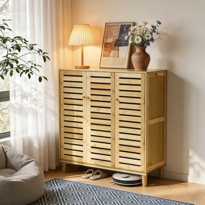UNHO 5-Tier Bamboo Shoe Cabinet with Slatted Doors, Vented Storage Organizer for Entryway