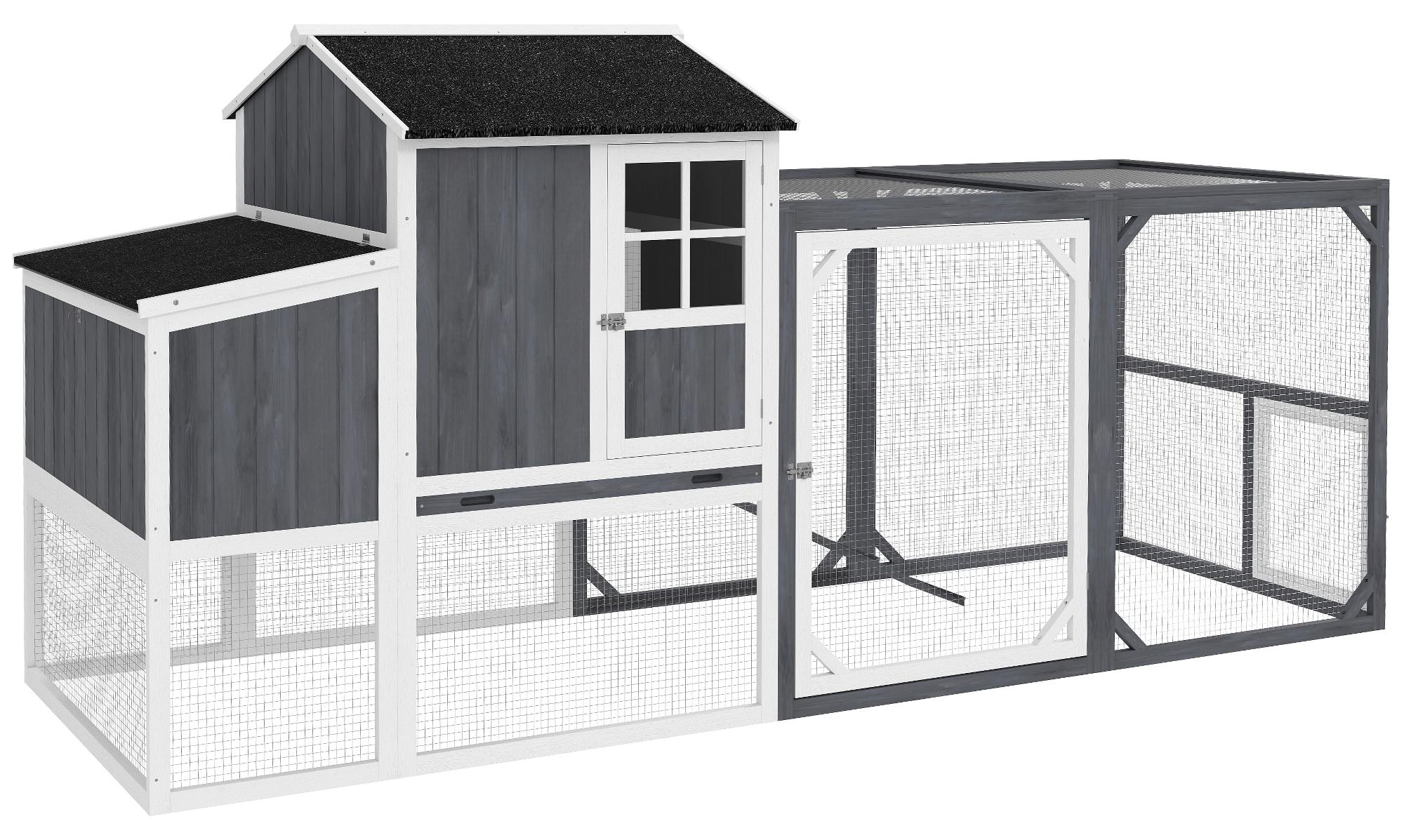 Hühnerstall mit Auslauf für 3-4 Hühner, 3-tlg. Nistkasten, 1,9 m² Fläche, Tannenholz, Grau