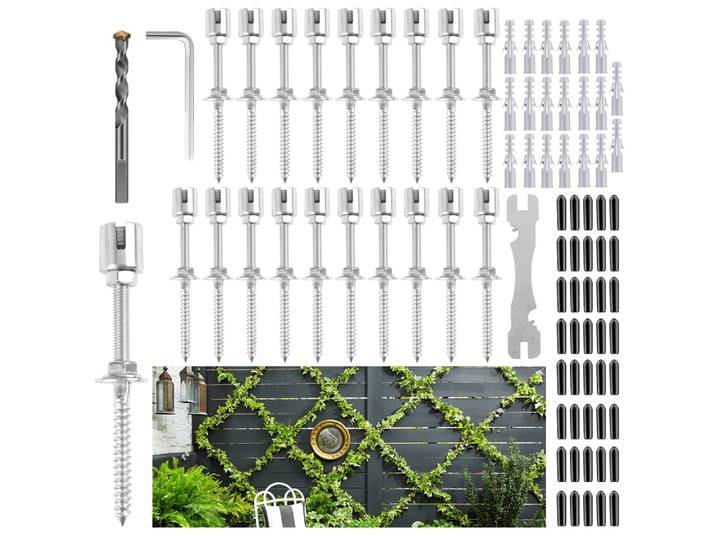Système de treillis de fil de jardin en acier inoxydable, 20 supports, pour plantes grimpantes, vignes et mur vert avec supports muraux