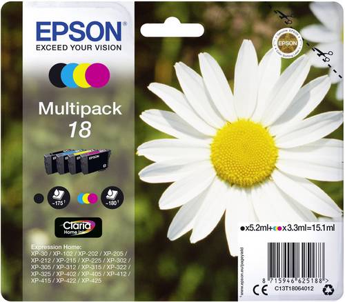 Epson Druckerpatrone T1806, 18 Original Kombi-Pack Schwarz, Cyan, Magenta, Gelb C13T18064012