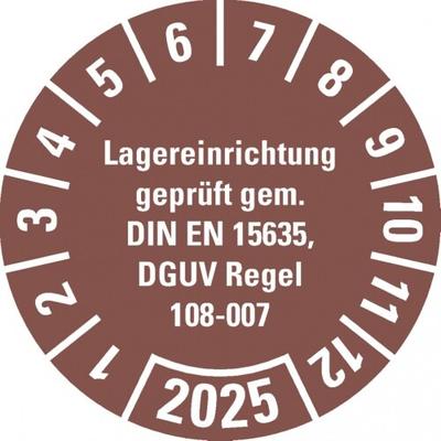 Dreifke® Prüfplakette Lagereinrichtung, DGUV Info.208-061, 2025, braun, Dokumentenfolie, Ø30mm, 18 Stk.