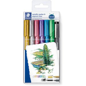 Staedtler Metallic-Stifte 8323-SWP6P, sortiert, Strichbreite 1-2 mm, Rundspitze, inkl. Pigmentliner, 6 Stück