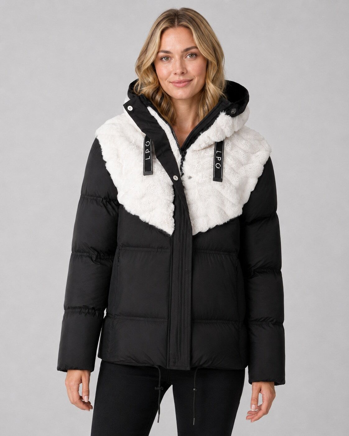 Winterjacke LPO "Patricia", Damen, Gr. 44L, schwarz-weiss (schwarz), Web, 100% Polyester, regular fit hüftbedeckend, Jacken Winterjacke, auch in Grossen Grössen schwarz 44L