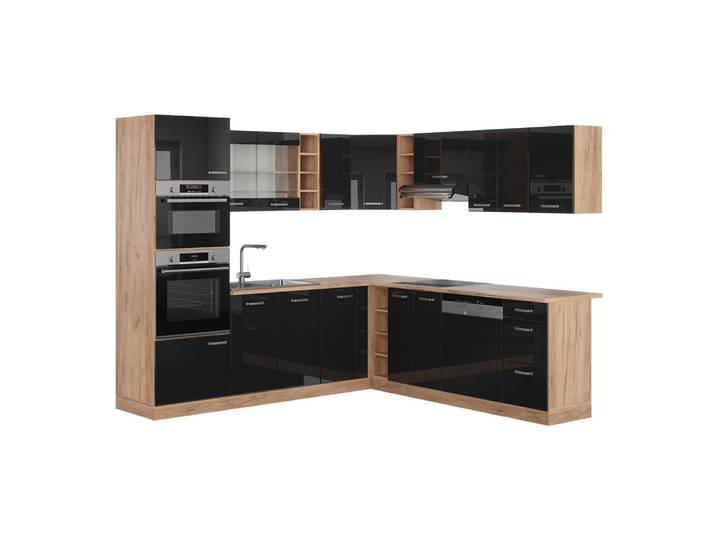 Cuisine en angle sans pt noir brillant 247x81,6cm