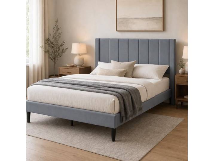 Lit capitonné double - PAGE Living - 200x140 cm plateforme tête gris
