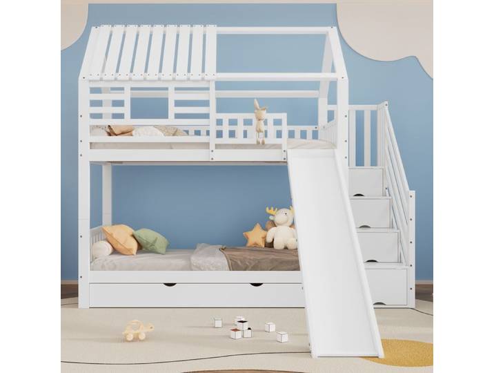 Lit superposé enfant blanc style maison avec escalier de rangement et toboggan