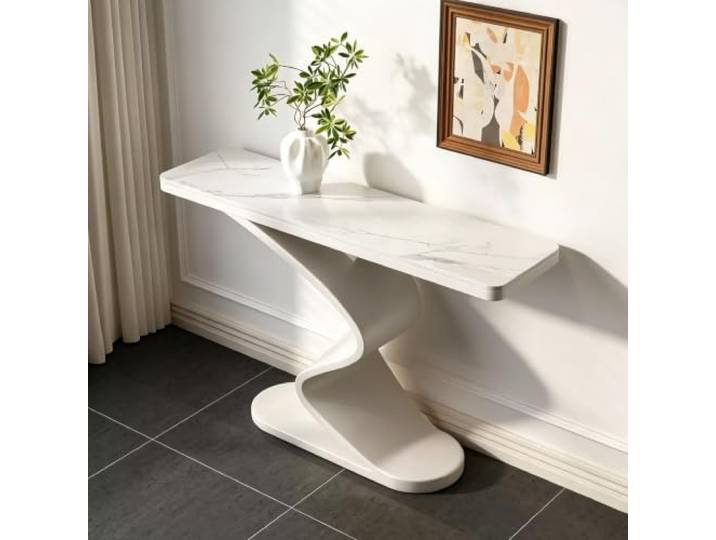Moderner Konsolentisch, Sinterstein Sofatisch, Metallgestell für Flur Sinterstein-Platte, S-Design-Rahmen, Schmaler Flurtisch, Hohe Stabilität(White,47.2 (120cm))