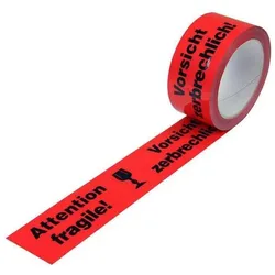 Transpak, Klebeband, Warnklebeband PP Breite 50mm Länge 66m Stärke 52μ PP rot Aufdruck Vorsicht zerbrechlich (50 mm)