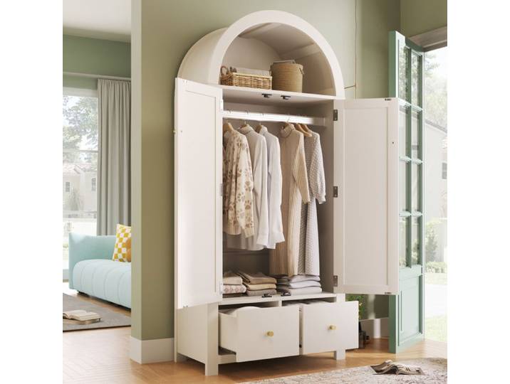 Armoire chambre blanche style campagne 78x45x181 cm avec 2 portes battantes 2 tiroirs tringle et anti-basculement TYNQER